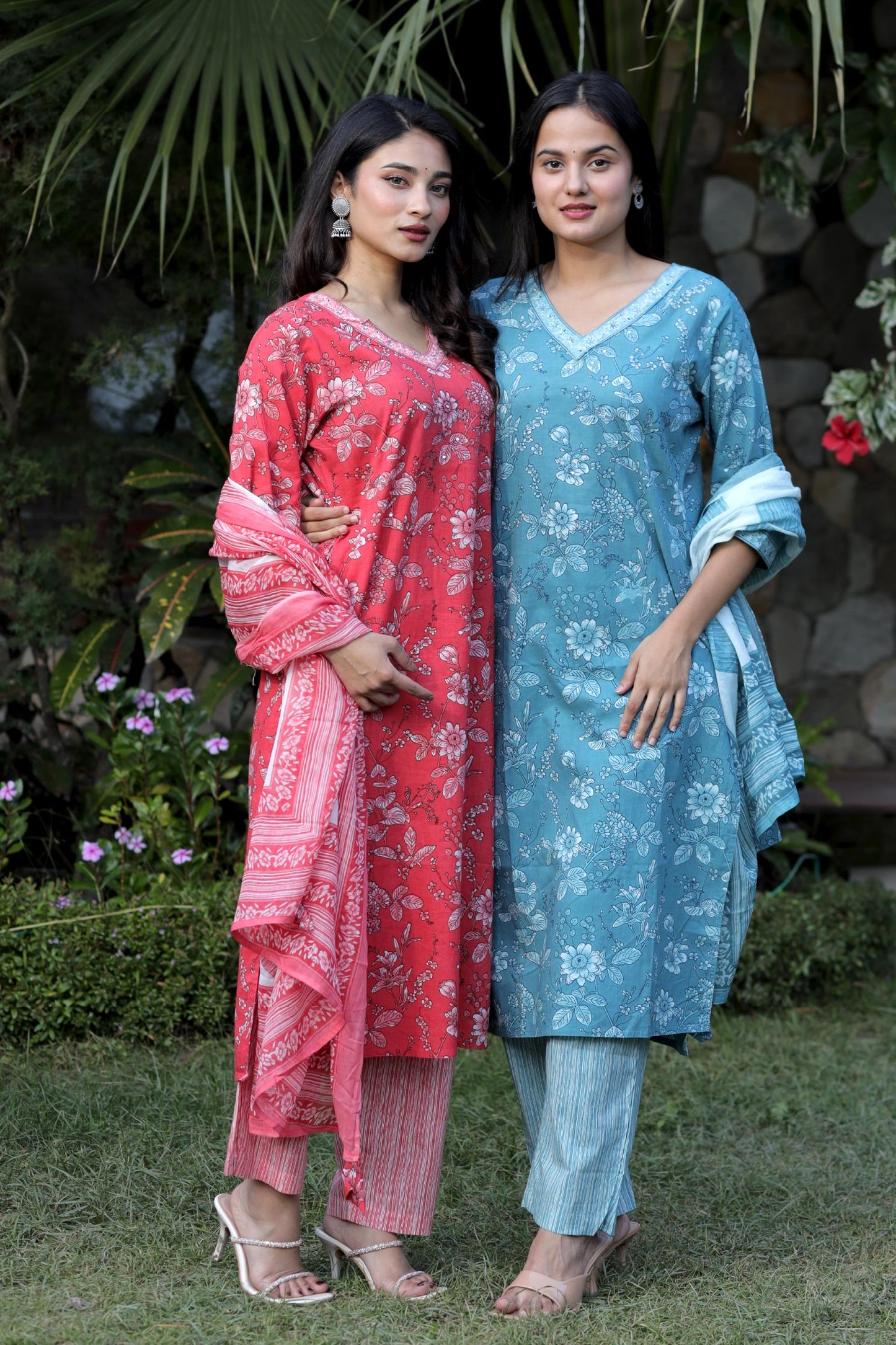 Aarvi Aqua Blue Floral Cotton Suit Set with Dupatta Cotton