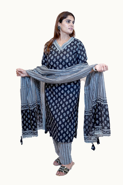 Neelika Indigo Handblock Cotton Suit Set with Dupatta cotton