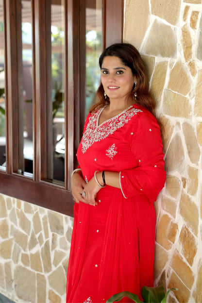 Naina - Red Embroidered Straight Kurta Set