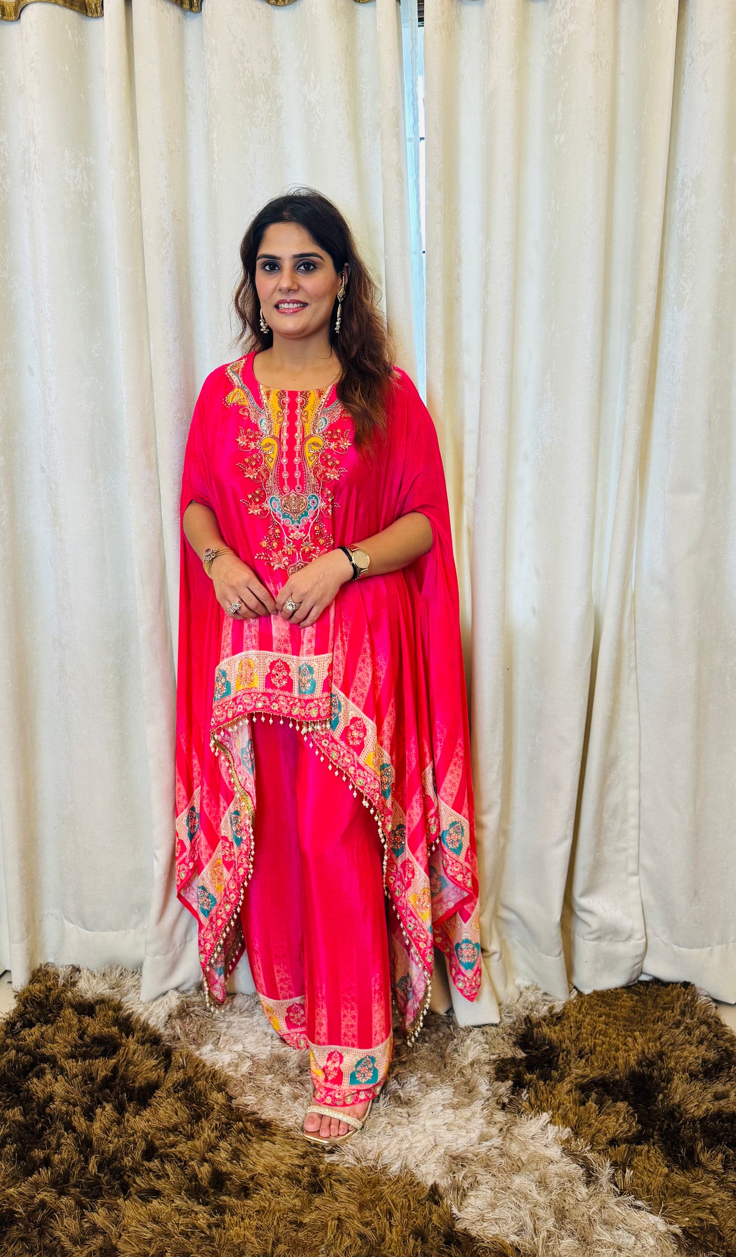 Titli - Rani Pink Pure Crepe Kaftan Style Printed Cord Set