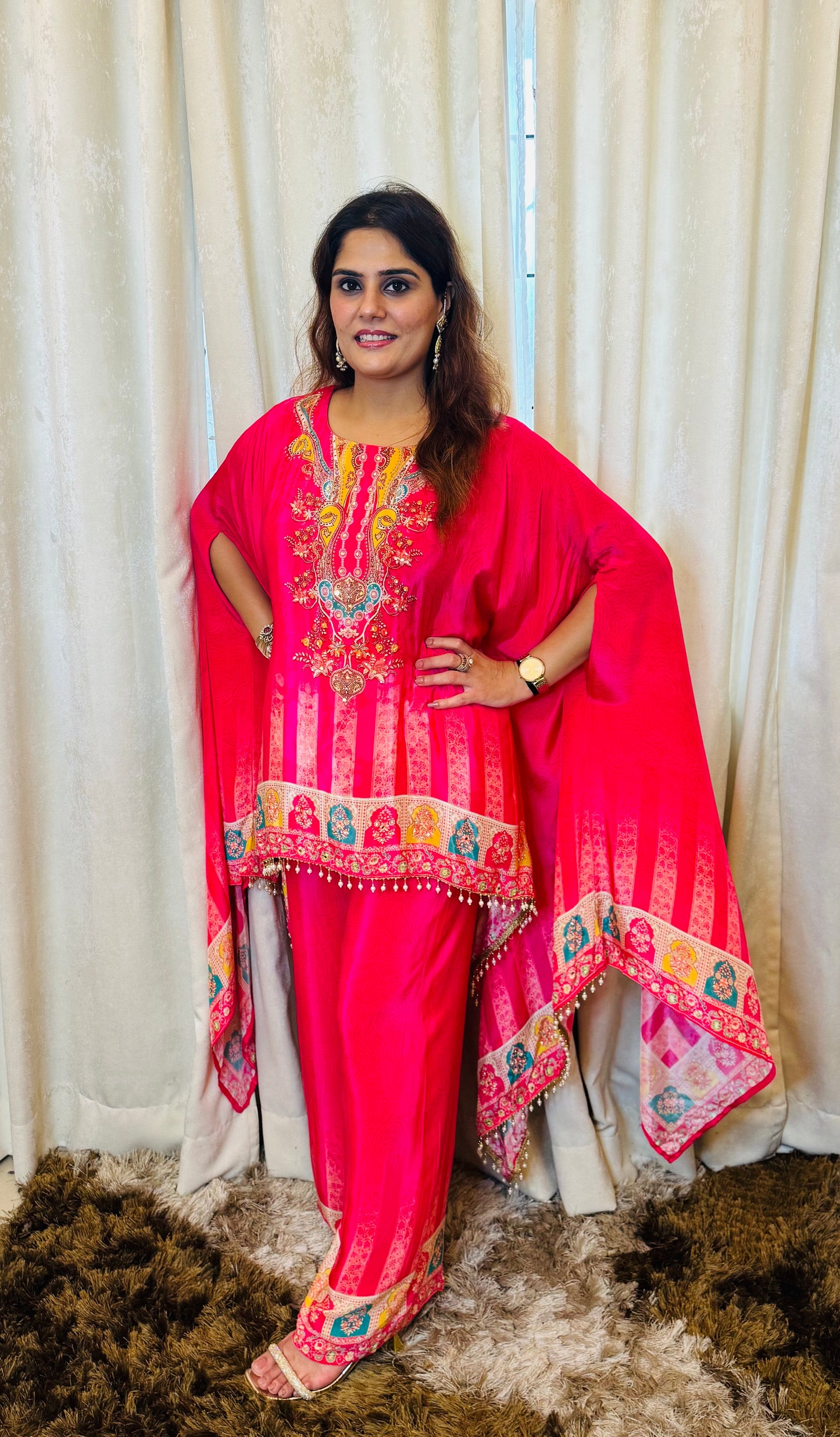 Titli - Rani Pink Pure Crepe Kaftan Style Printed Cord Set