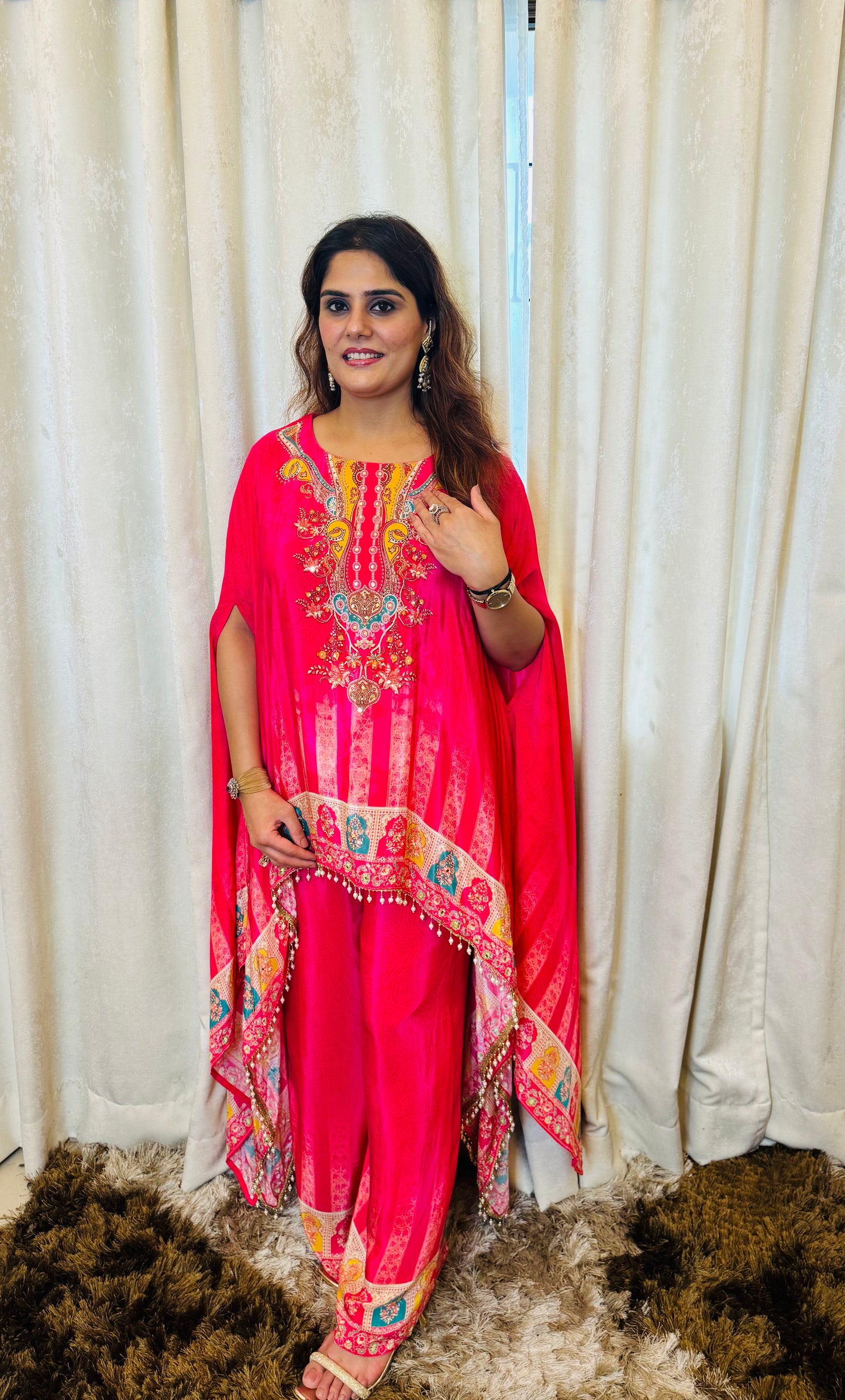 Titli - Rani Pink Pure Crepe Kaftan Style Printed Cord Set