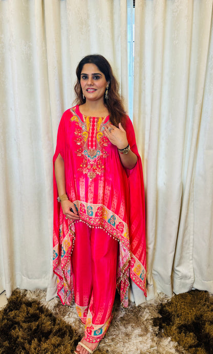 Titli - Rani Pink Pure Crepe Kaftan Style Printed Cord Set