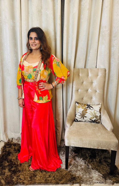 Hoor - Indo Western Crepe Cord Set with Handworked Padded Blouse