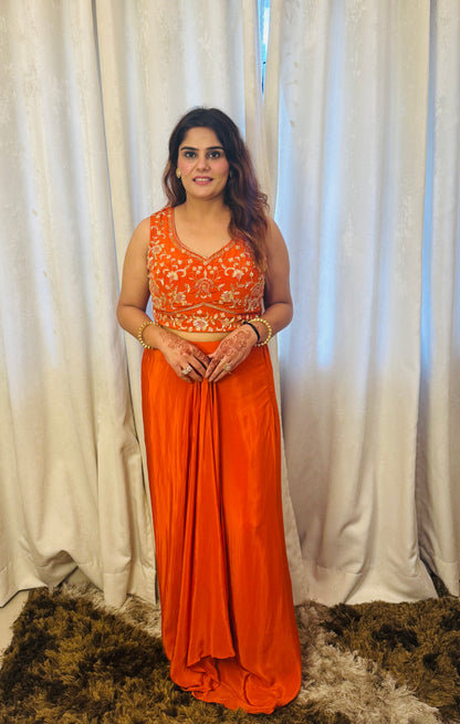 Simra - Indo Western Crepe Handwork Padded Blouse & Drape Skirt Set