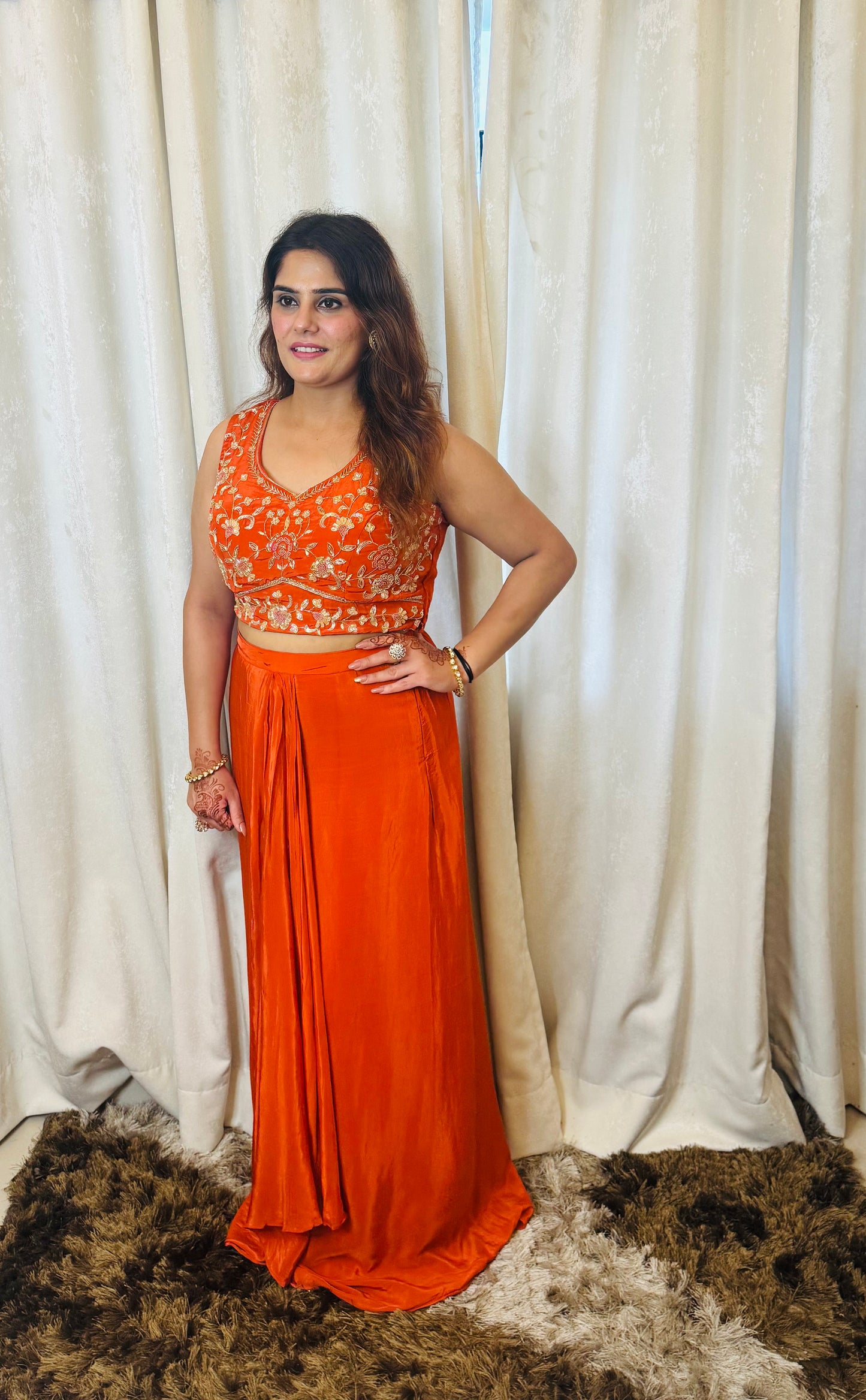 Simra - Indo Western Crepe Handwork Padded Blouse & Drape Skirt Set