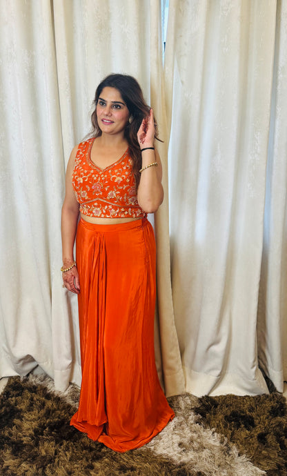 Simra - Indo Western Crepe Handwork Padded Blouse & Drape Skirt Set