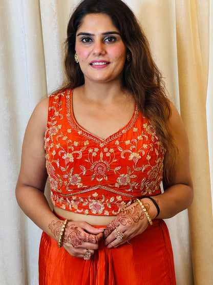 Simra - Indo Western Crepe Handwork Padded Blouse & Drape Skirt Set