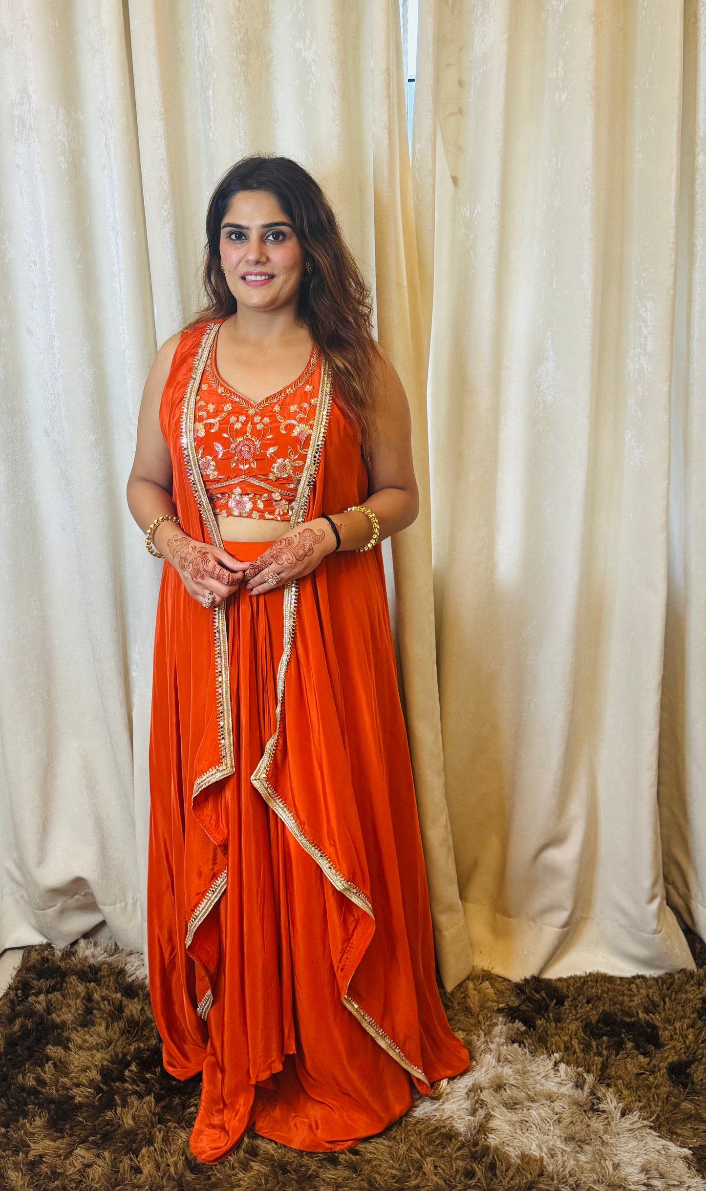 Simra - Indo Western Crepe Handwork Padded Blouse & Drape Skirt Set