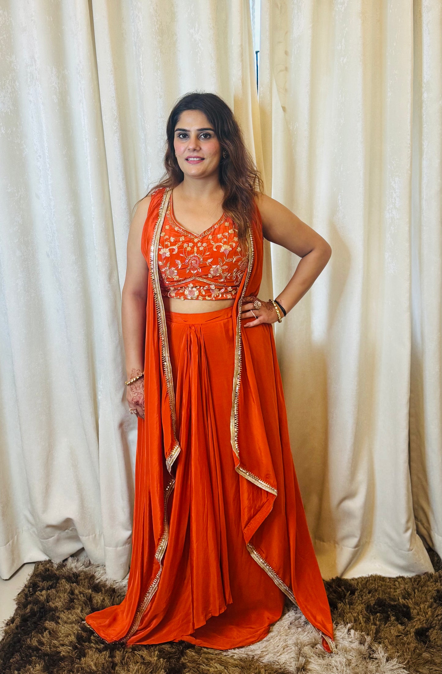 Simra - Indo Western Crepe Handwork Padded Blouse & Drape Skirt Set