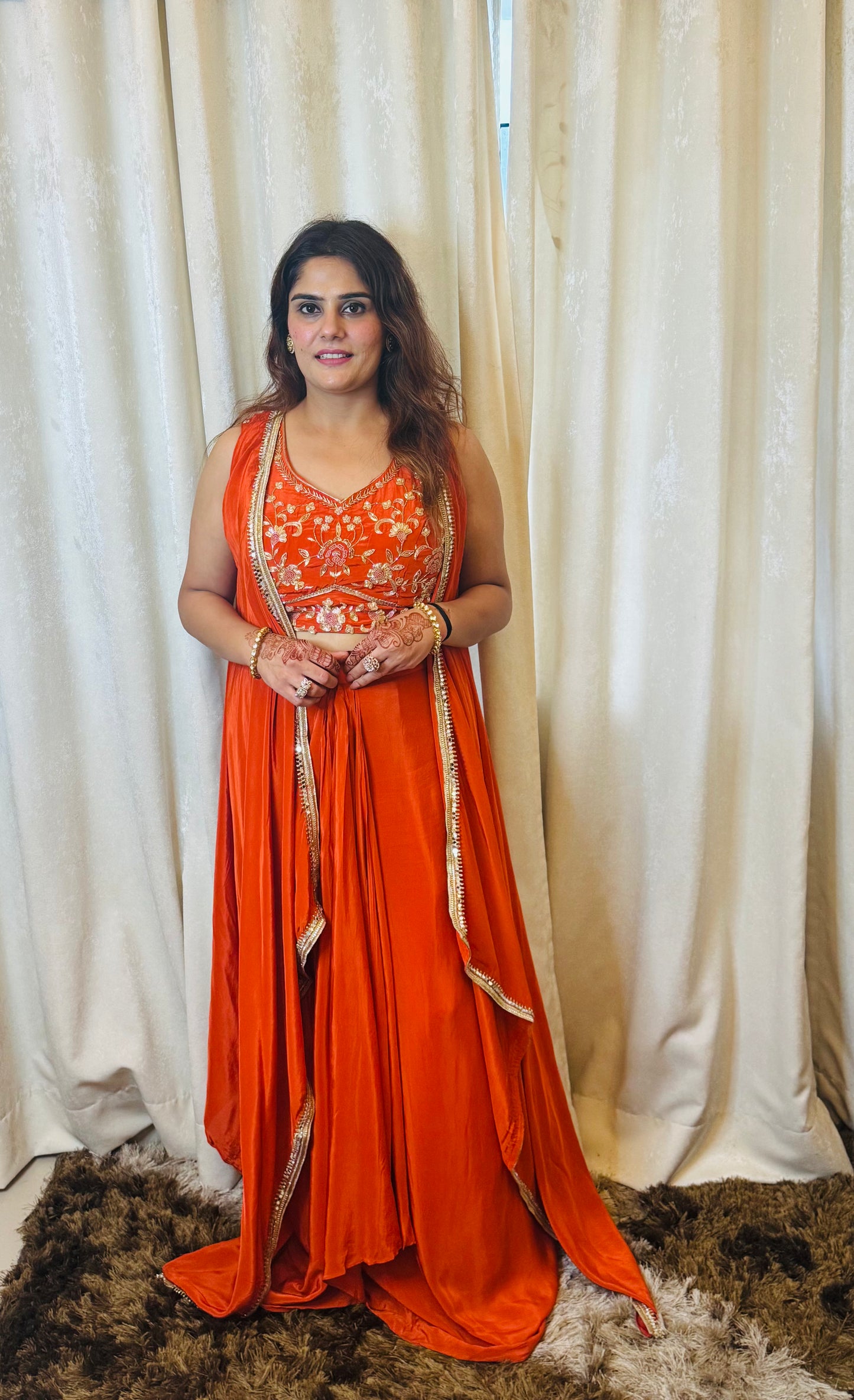 Simra - Indo Western Crepe Handwork Padded Blouse & Drape Skirt Set