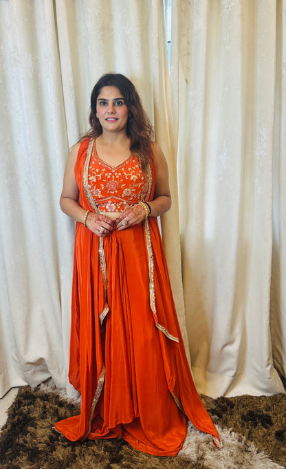 Simra - Indo Western Crepe Handwork Padded Blouse & Drape Skirt Set