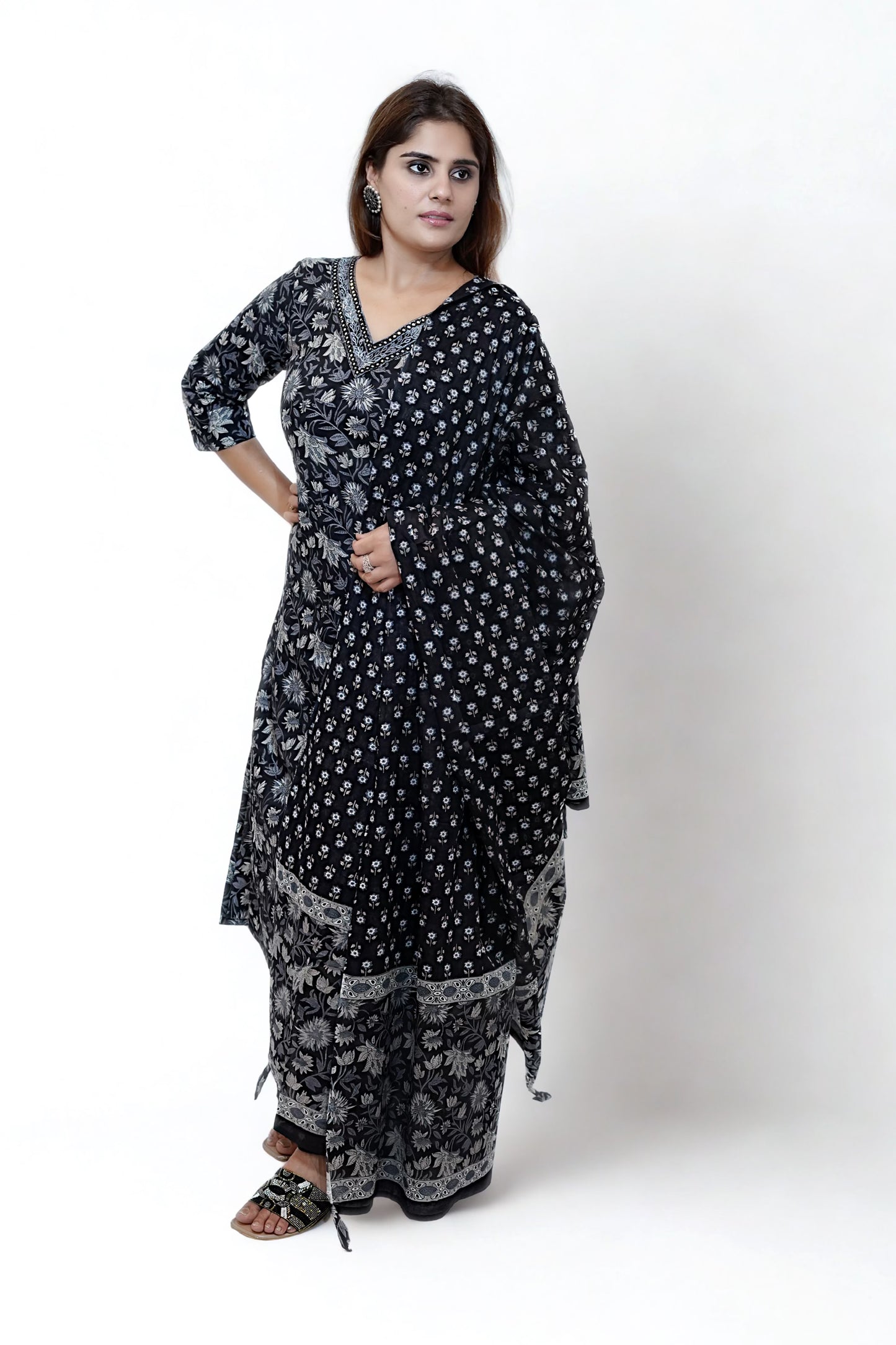 Saisha - Black Handblock Printed Cotton Suit Set with Dupatta – M to XXL