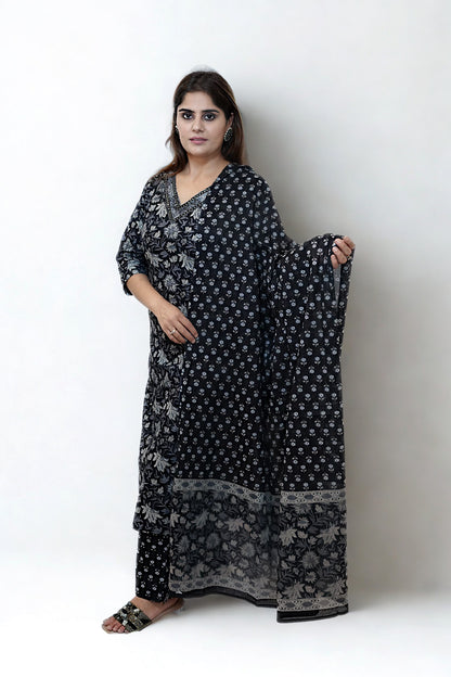 Saisha - Black Handblock Printed Cotton Suit Set with Dupatta – M to XXL