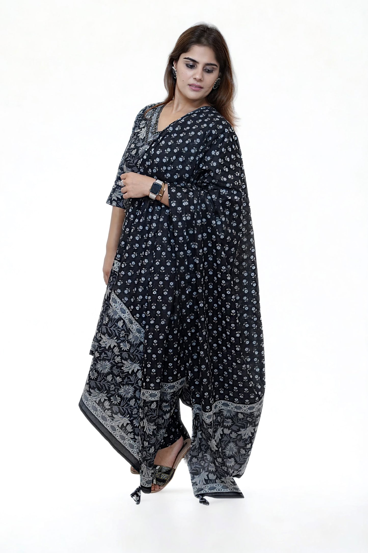 Saisha - Black Handblock Printed Cotton Suit Set with Dupatta – M to XXL