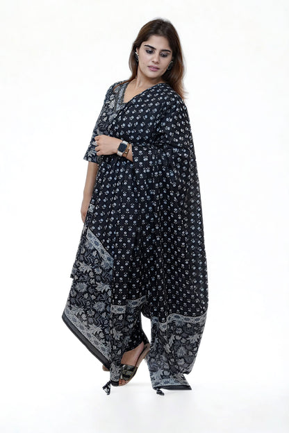 Saisha - Black Handblock Printed Cotton Suit Set with Dupatta – M to XXL