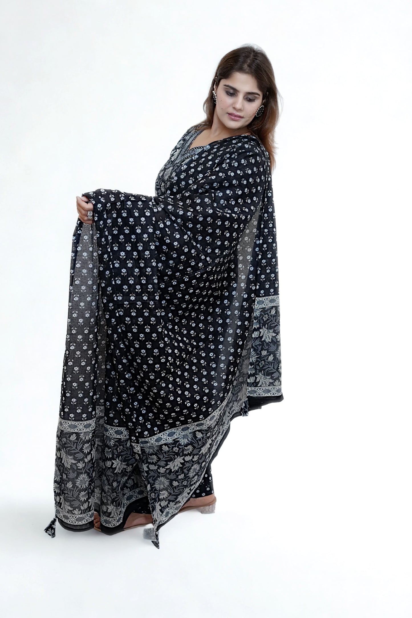 Saisha - Black Handblock Printed Cotton Suit Set with Dupatta – M to XXL