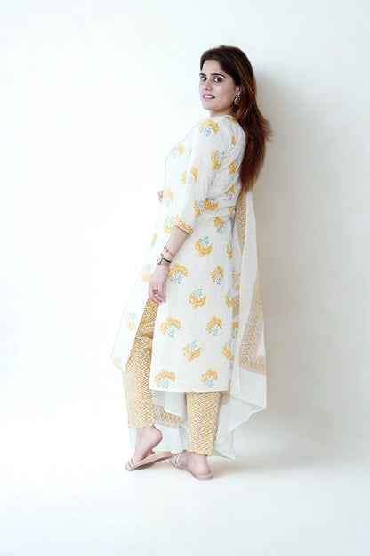 Noor Yellow Floral Wrap-Style Cotton Suit Set