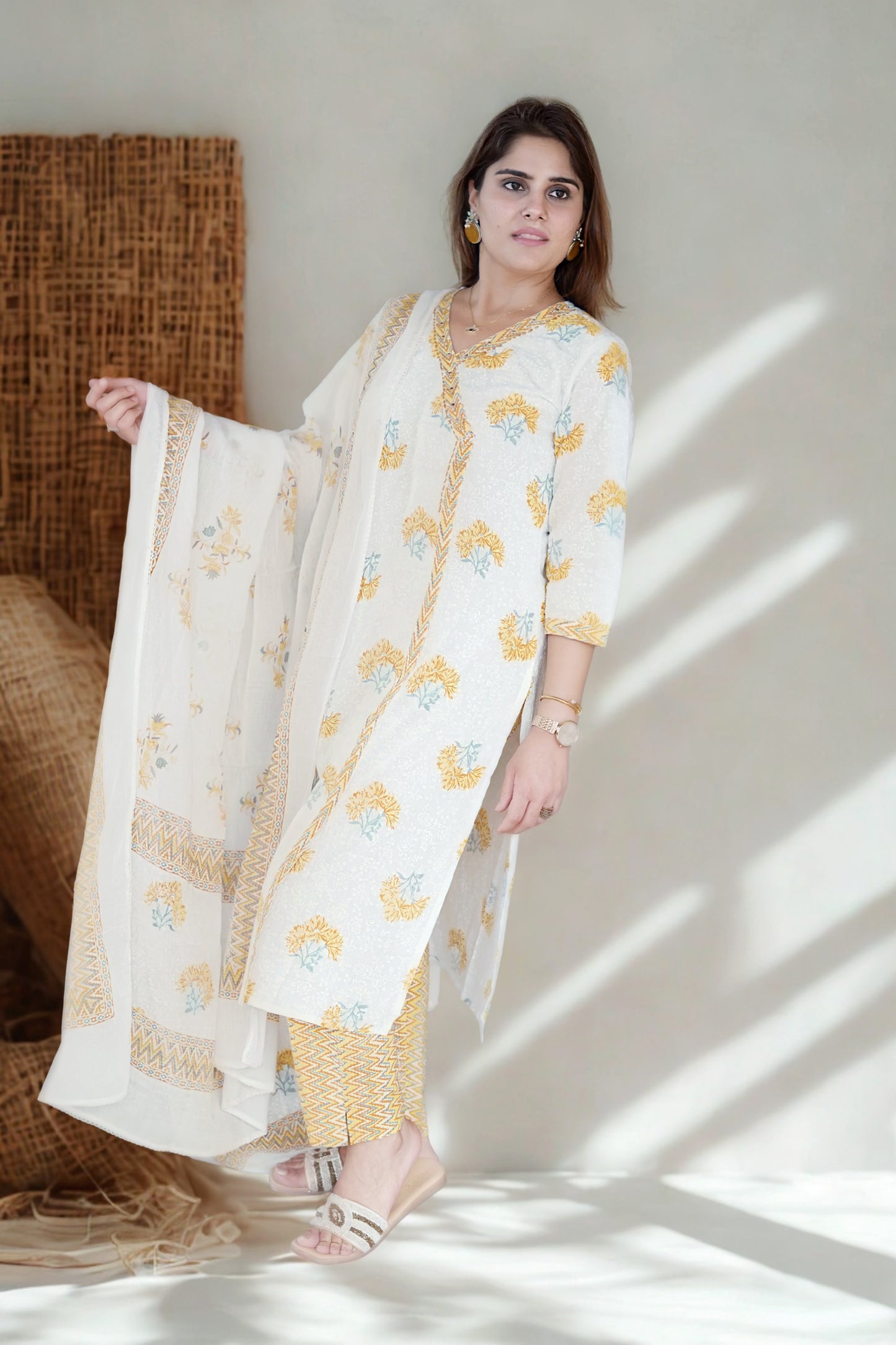 Noor Yellow Floral Wrap-Style Cotton Suit Set