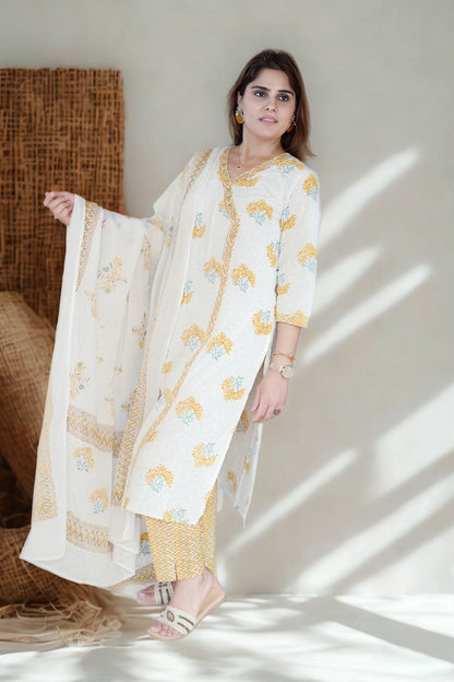 Noor Yellow Floral Wrap-Style Cotton Suit Set