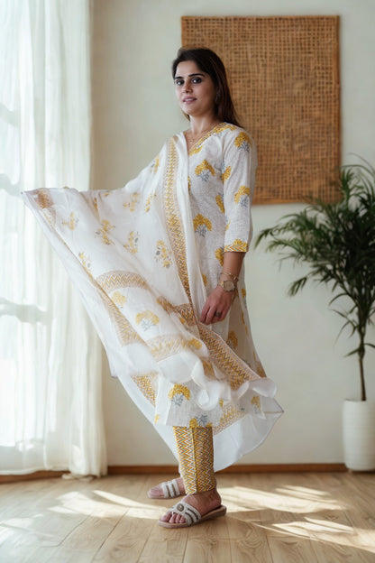 Noor Yellow Floral Wrap-Style Cotton Suit Set