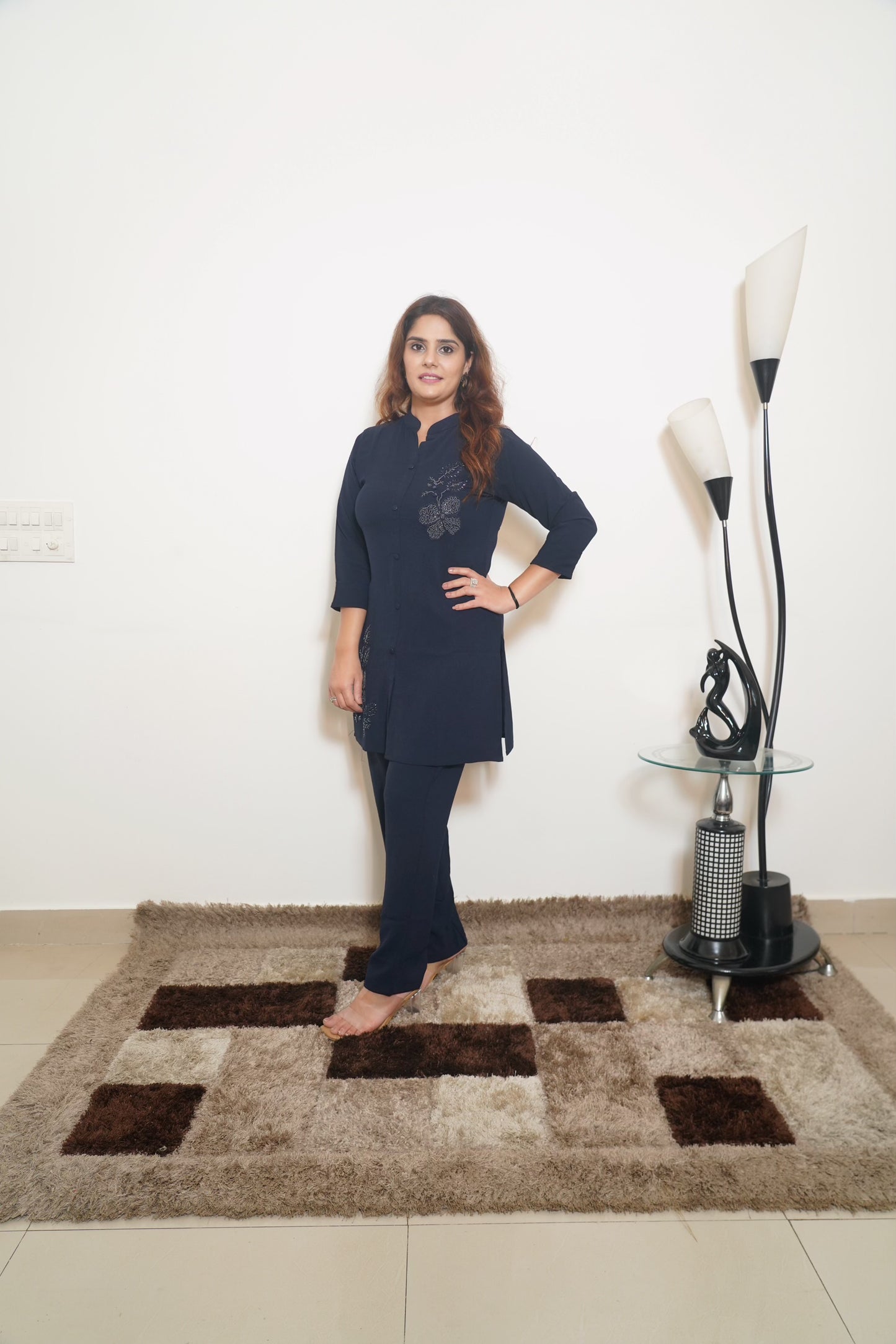 Talini - Imported Fabric Embellished Co-ord Set (L–XXL) – Navy Blue, Charcoal Gray & Pink