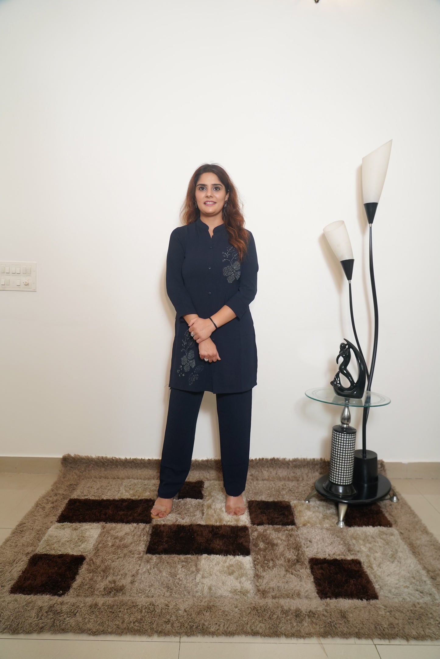 Talini - Imported Fabric Embellished Co-ord Set (L–XXL) – Navy Blue, Charcoal Gray & Pink