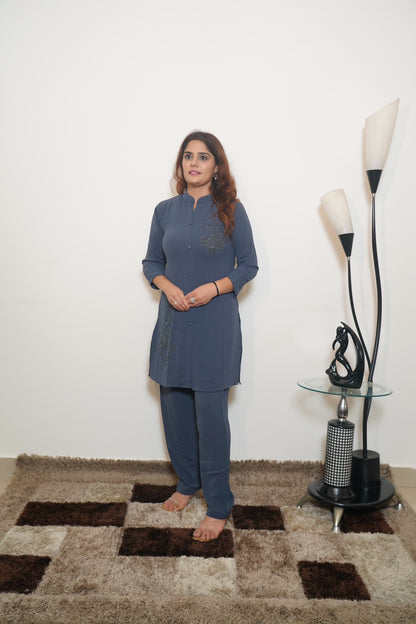 Talini - Imported Fabric Embellished Co-ord Set (L–XXL) – Navy Blue, Charcoal Gray & Pink