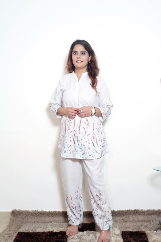 Oliva - Cream Cotton Silk Printed Co-ord Set (L–XXL)