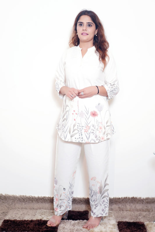 Vanika - Cream Cotton Silk Floral Printed Co-ord Set (L–XXL)