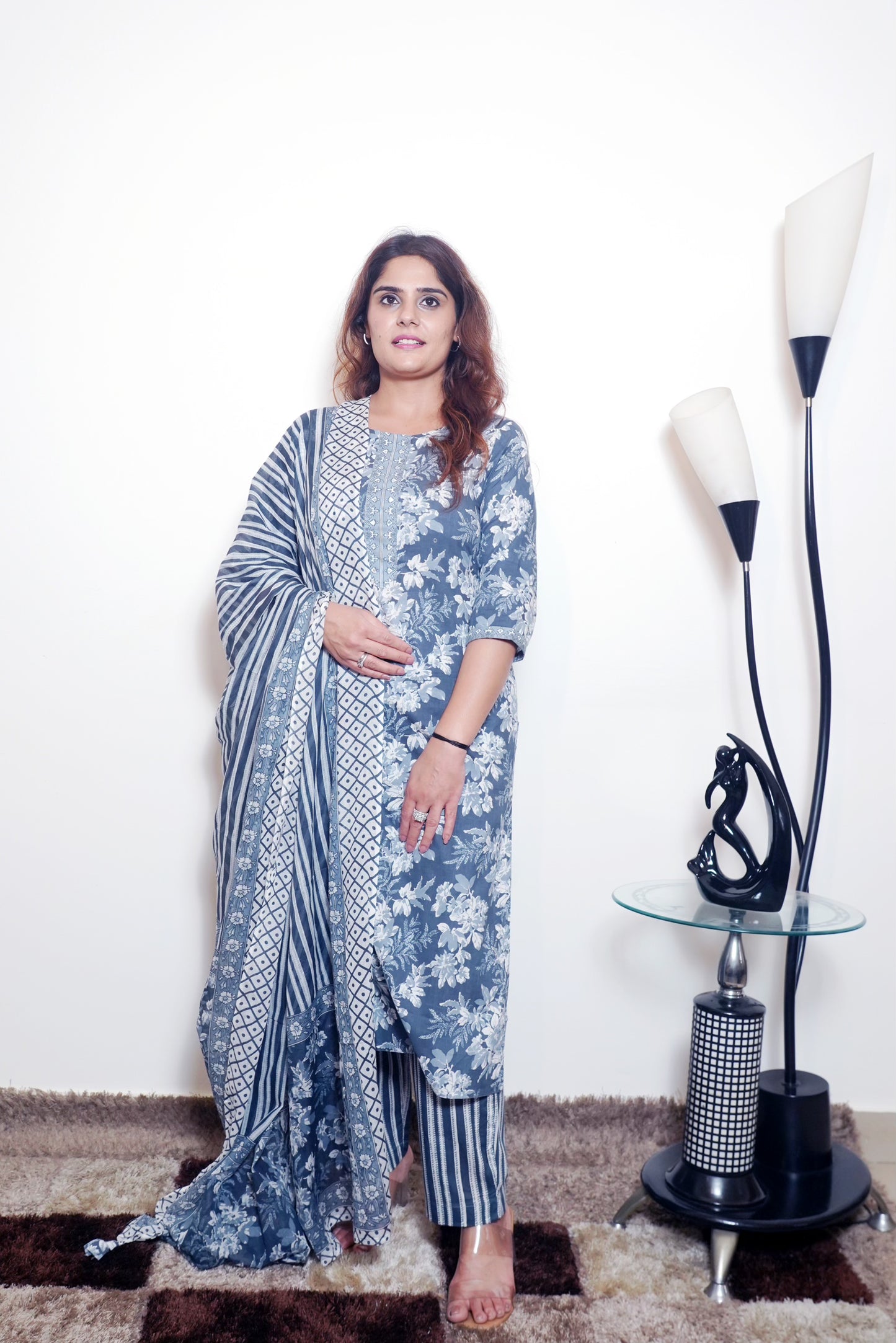 Neelima - Bluish-Gray & White Printed Cotton Straight Kurta Set