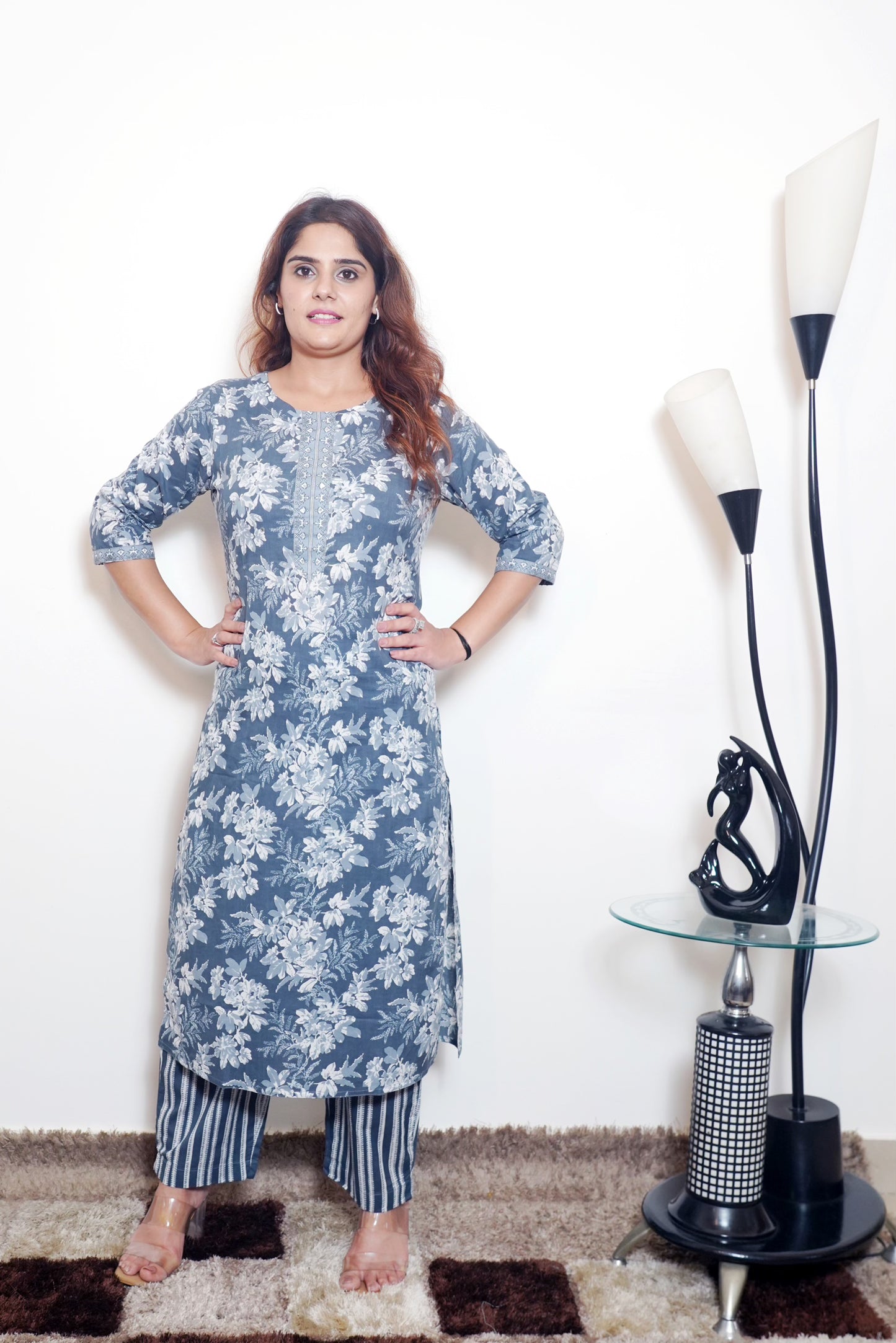 Neelima - Bluish-Gray & White Printed Cotton Straight Kurta Set