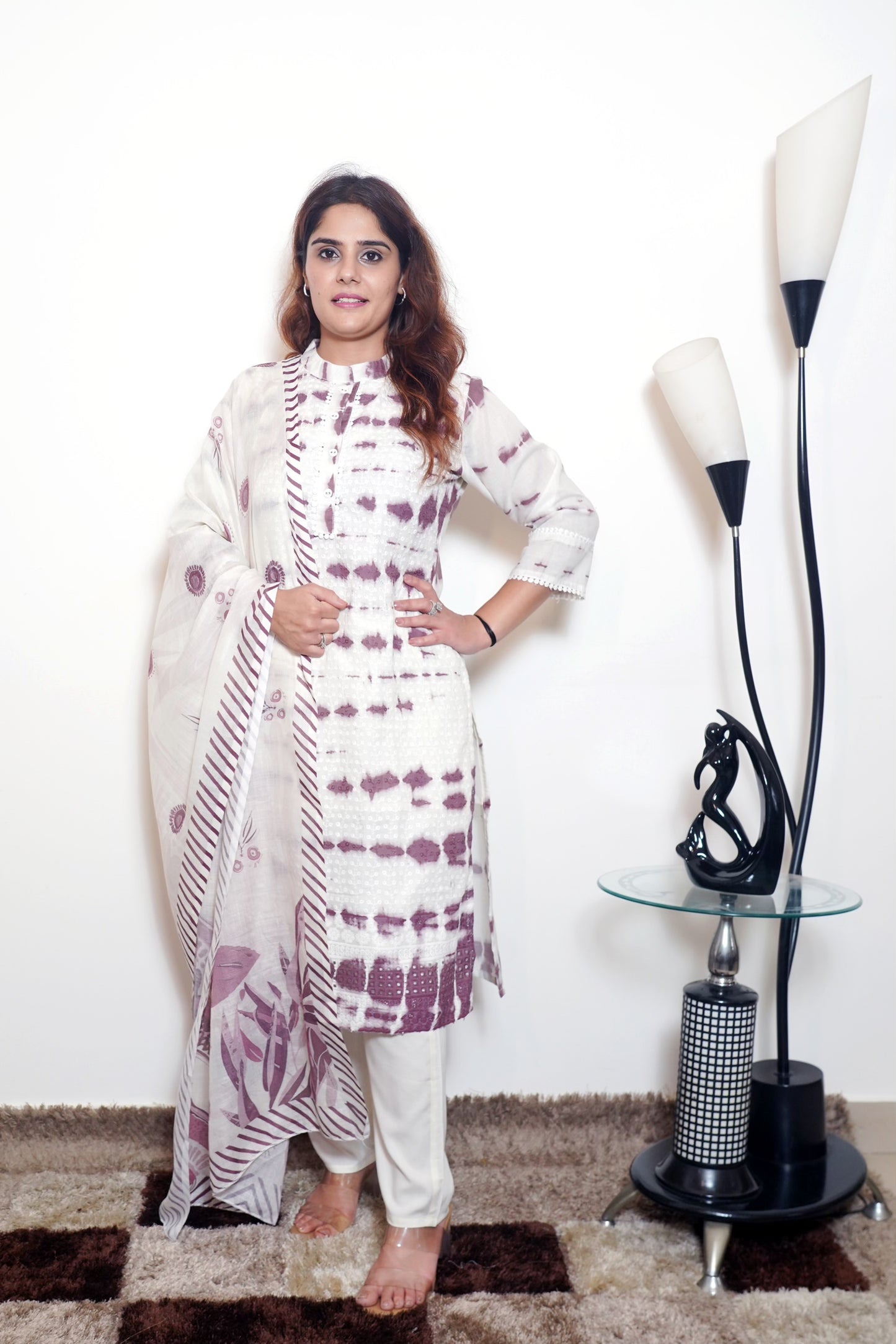 Shalini - Off-White & Maroon Printed Cotton Kurta Set with Dupatta