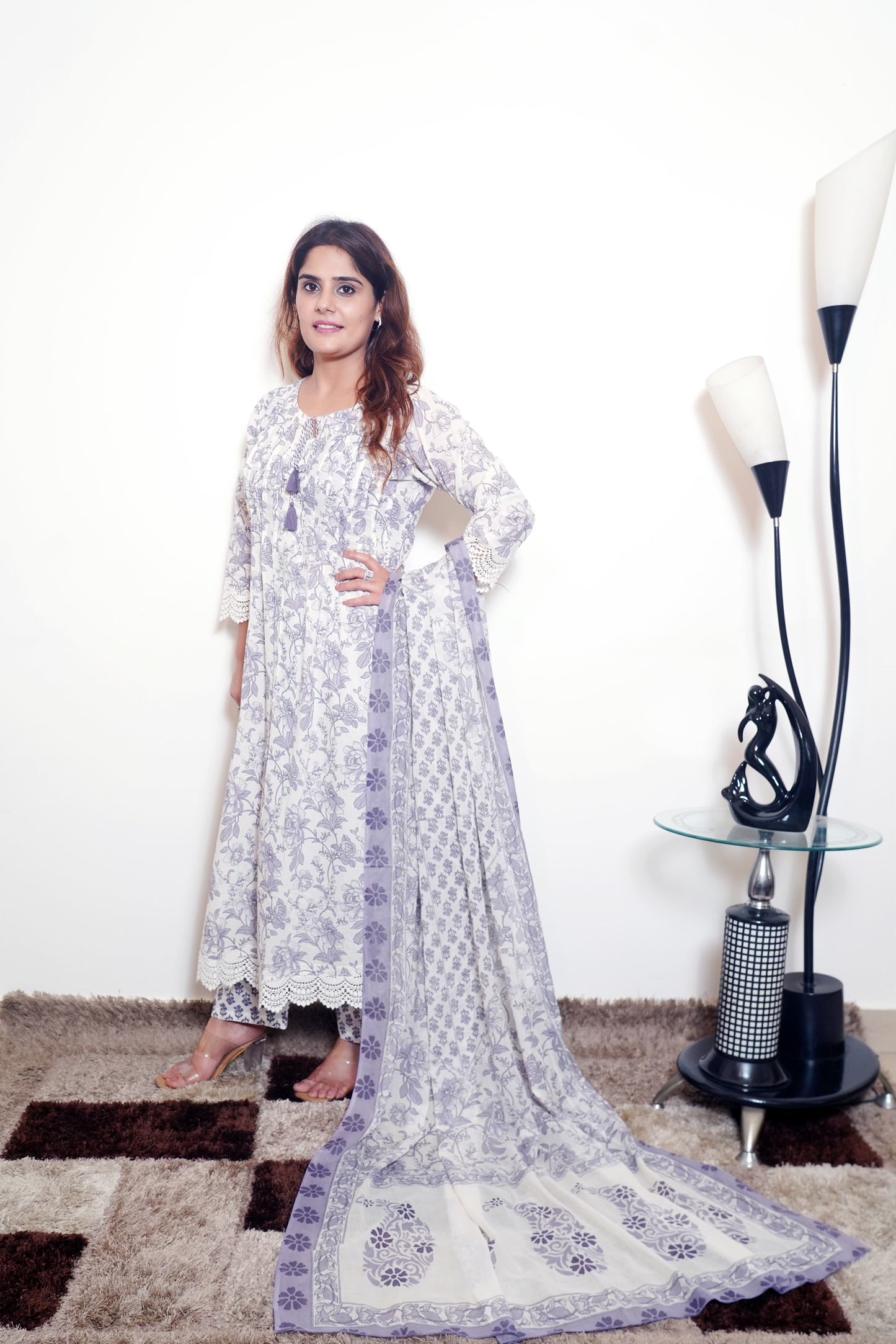 Kamini - White & Purple Cotton Anarkali Kurta Set with Dupatta