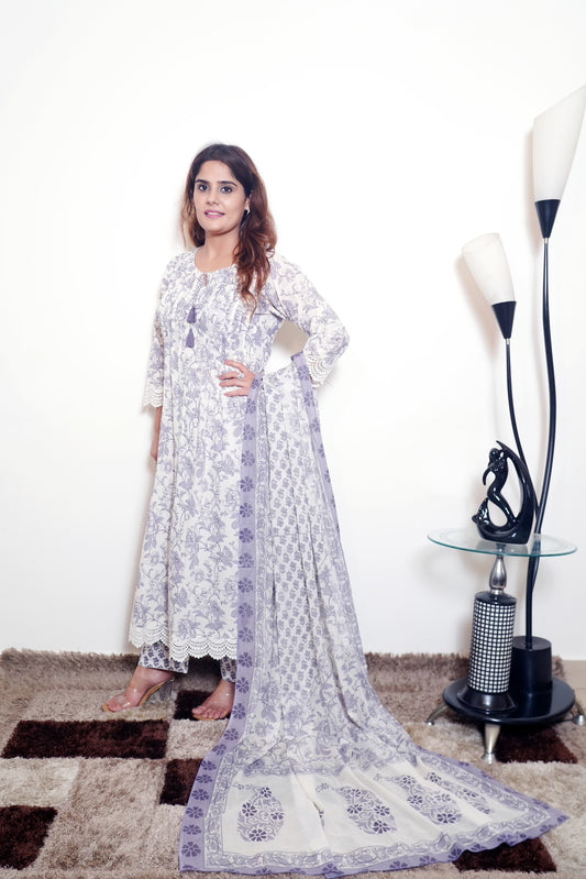Kamini - White & Purple Cotton Anarkali Kurta Set with Dupatta