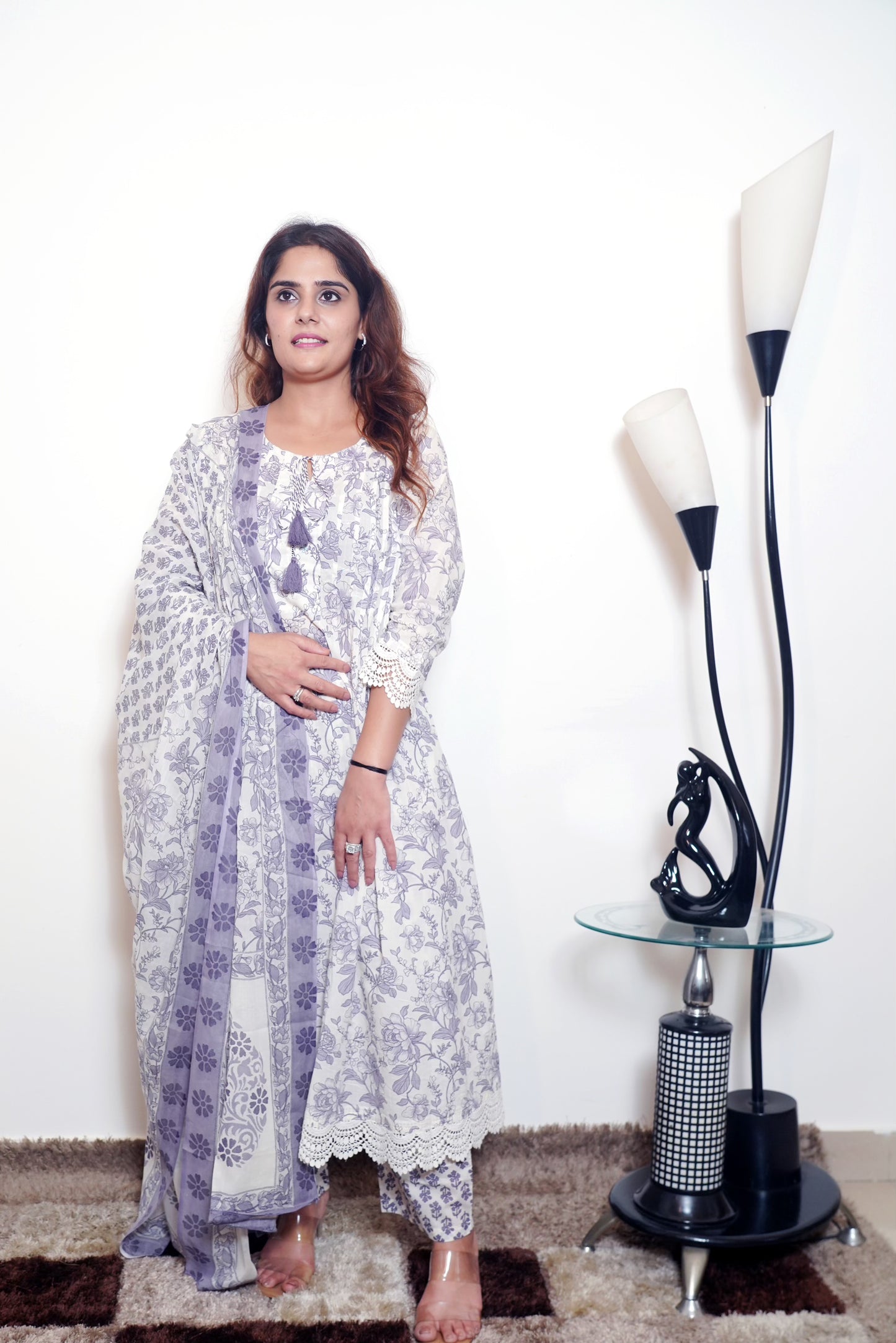 Kamini - White & Purple Cotton Anarkali Kurta Set with Dupatta