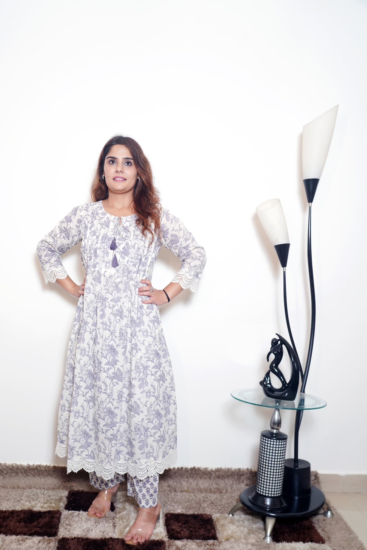 Kamini - White & Purple Cotton Anarkali Kurta Set with Dupatta