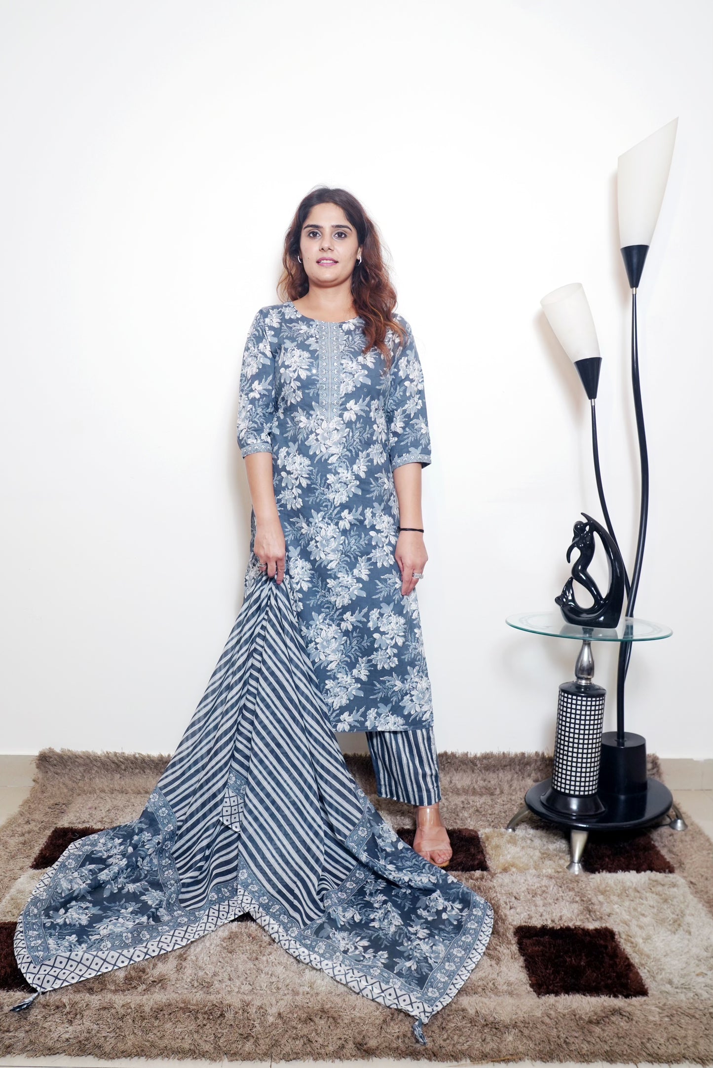 Neelima - Bluish-Gray & White Printed Cotton Straight Kurta Set