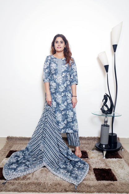 Neelima - Bluish-Gray & White Printed Cotton Straight Kurta Set