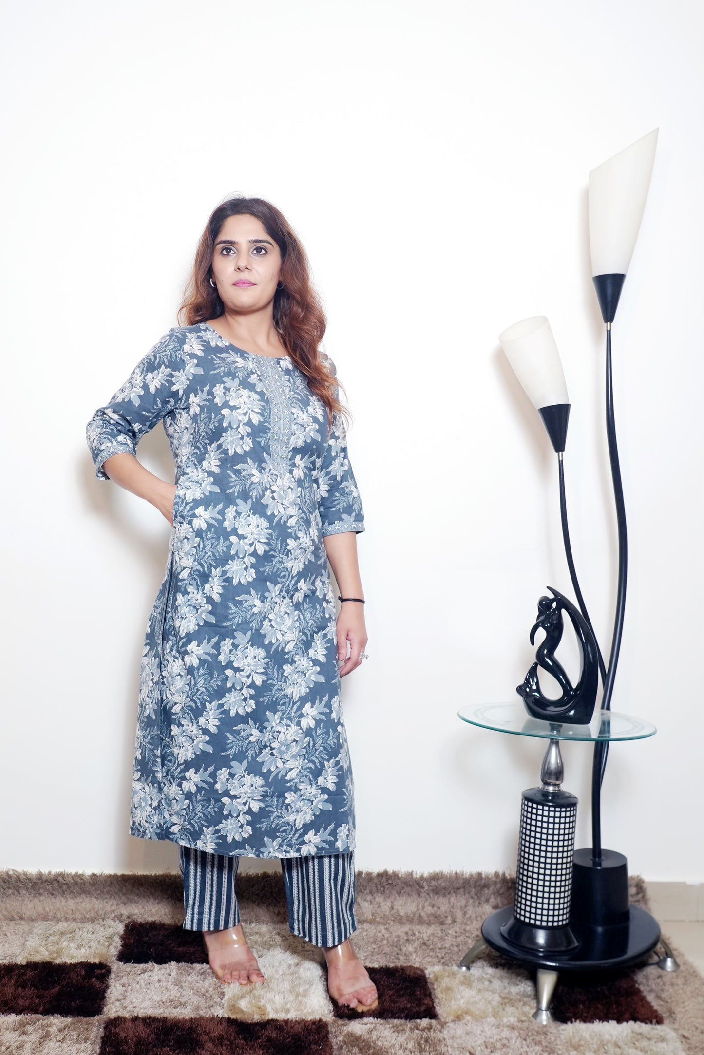 Neelima - Bluish-Gray & White Printed Cotton Straight Kurta Set