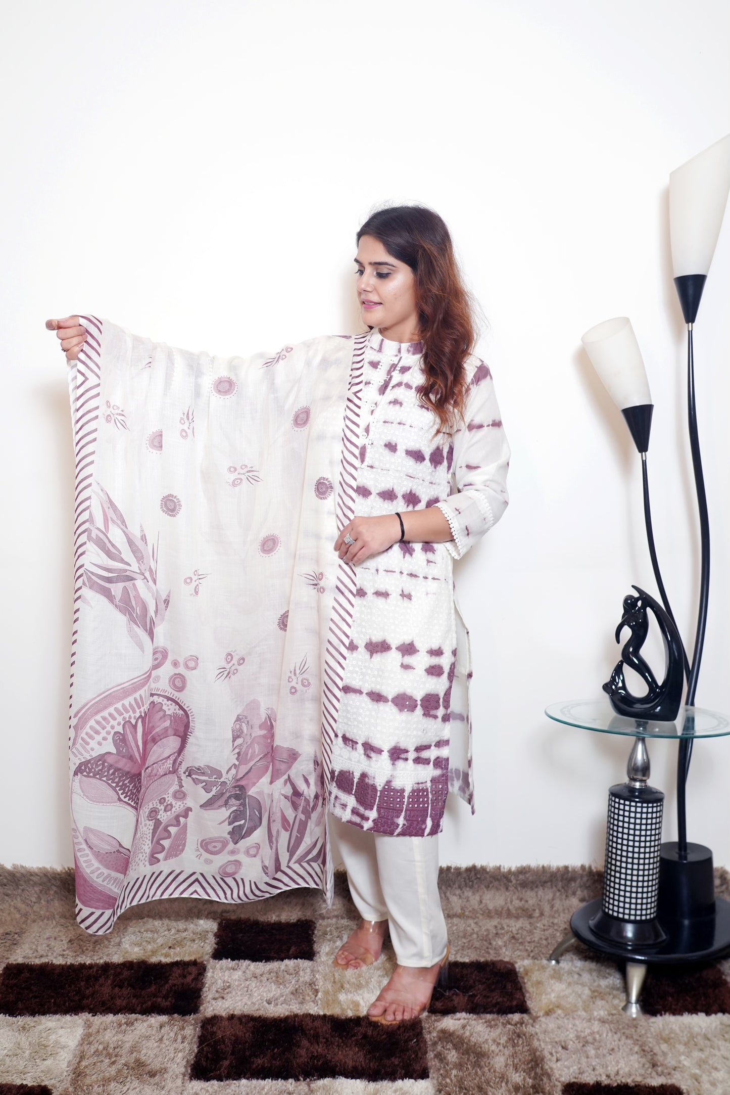Shalini - Off-White & Maroon Printed Cotton Kurta Set with Dupatta