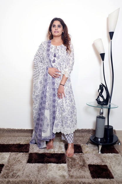Kamini - White & Purple Cotton Anarkali Kurta Set with Dupatta