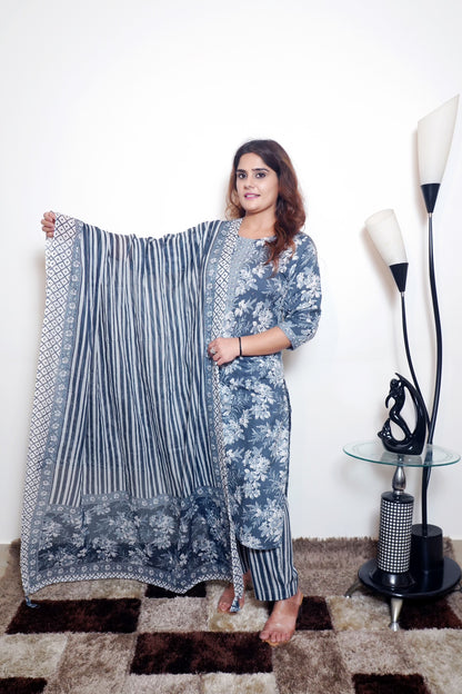 Neelima - Bluish-Gray & White Printed Cotton Straight Kurta Set