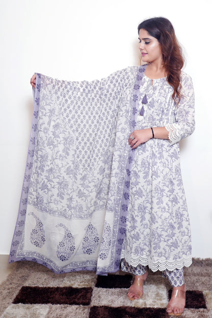 Kamini - White & Purple Cotton Anarkali Kurta Set with Dupatta