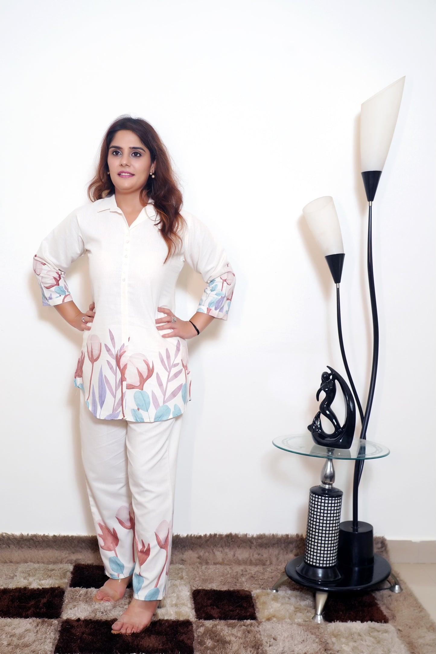 Shama - Cream Cotton Silk Nature Print Co-ord Set (M–XXL)
