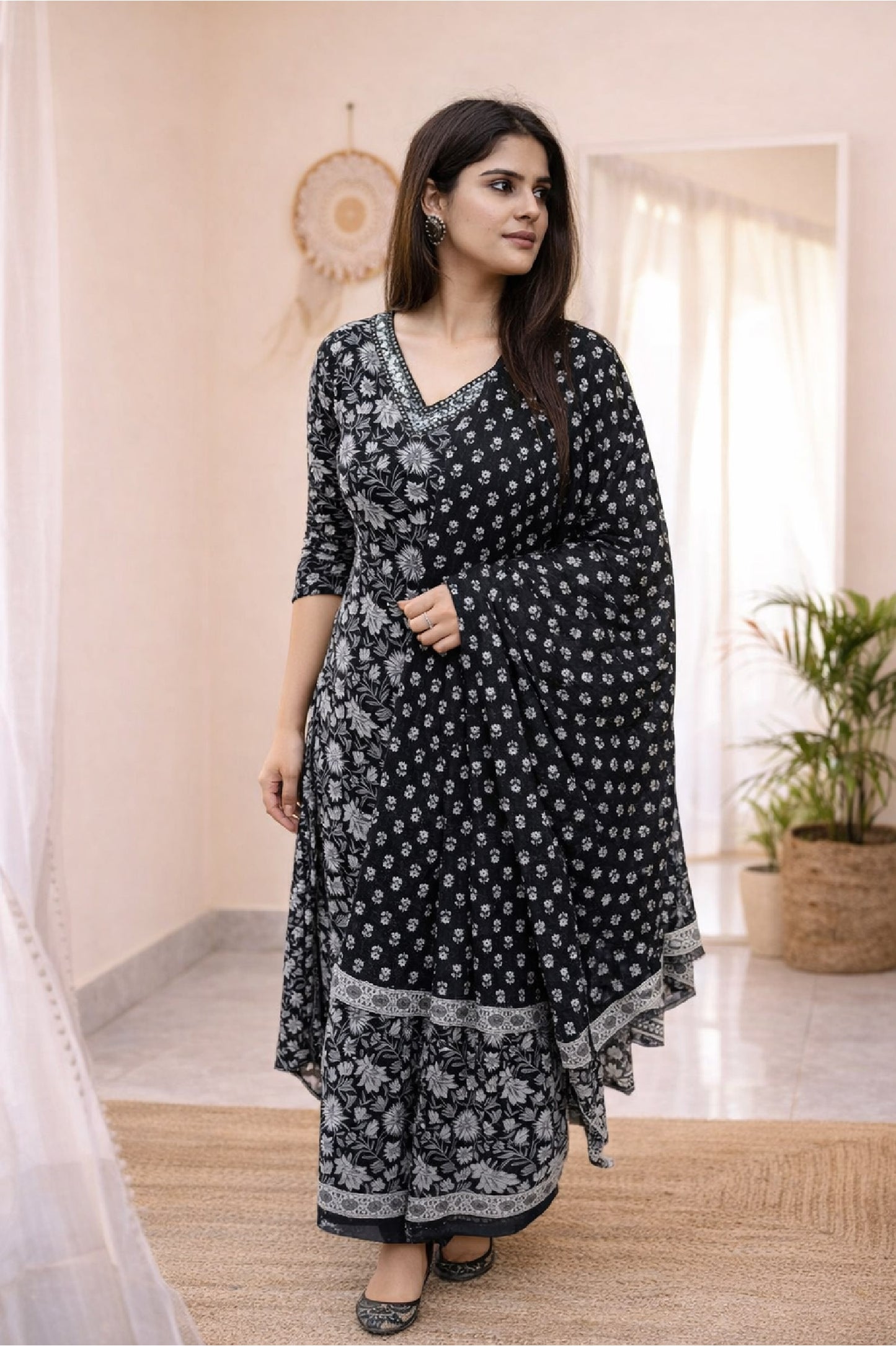 Saisha - Black Handblock Printed Cotton Suit Set with Dupatta – M to XXL