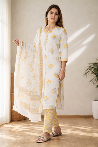 Noor Yellow Floral Wrap-Style Cotton Suit Set