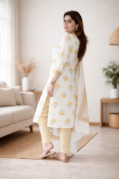 Noor Yellow Floral Wrap-Style Cotton Suit Set