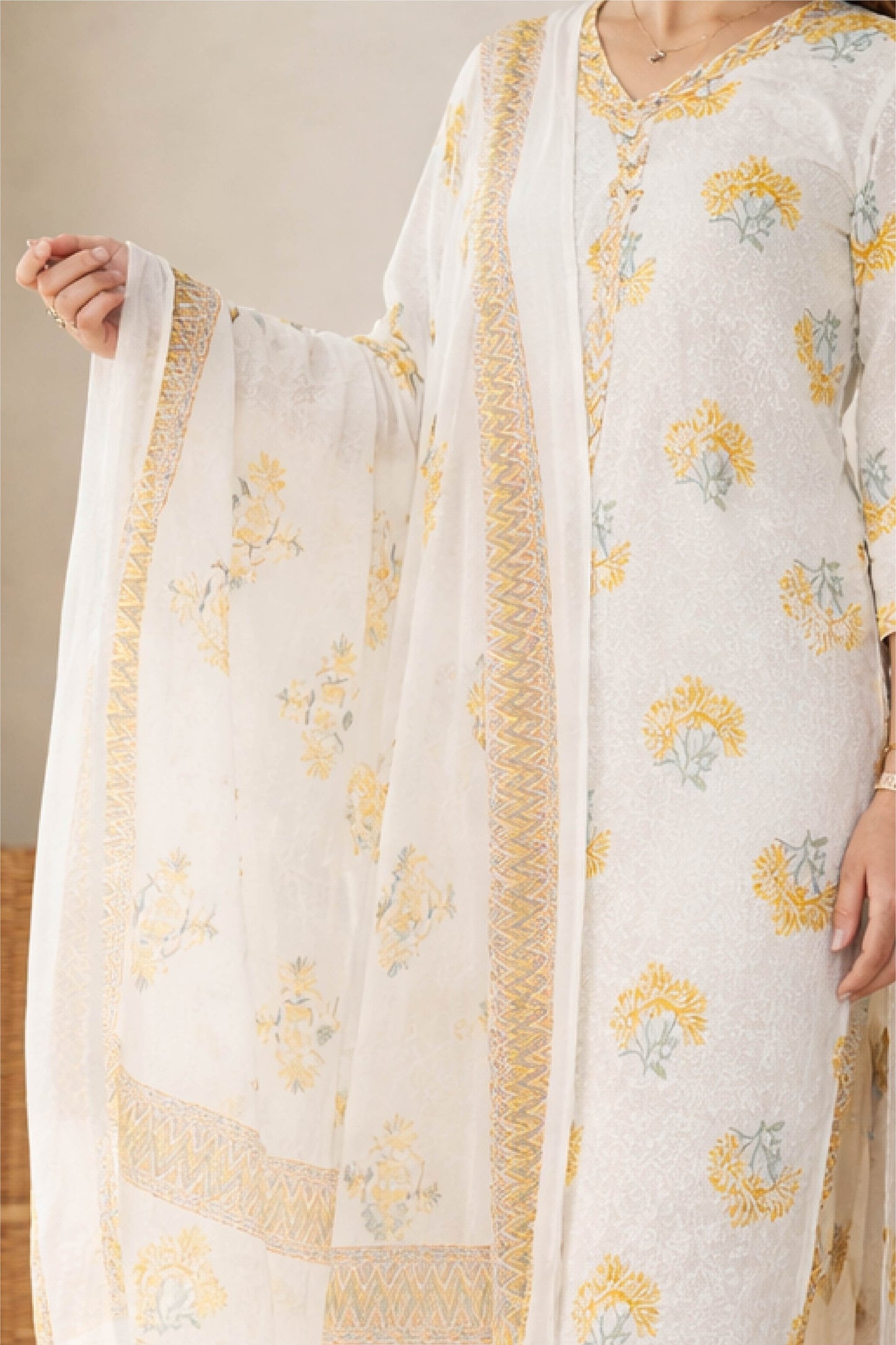 Noor Yellow Floral Wrap-Style Cotton Suit Set