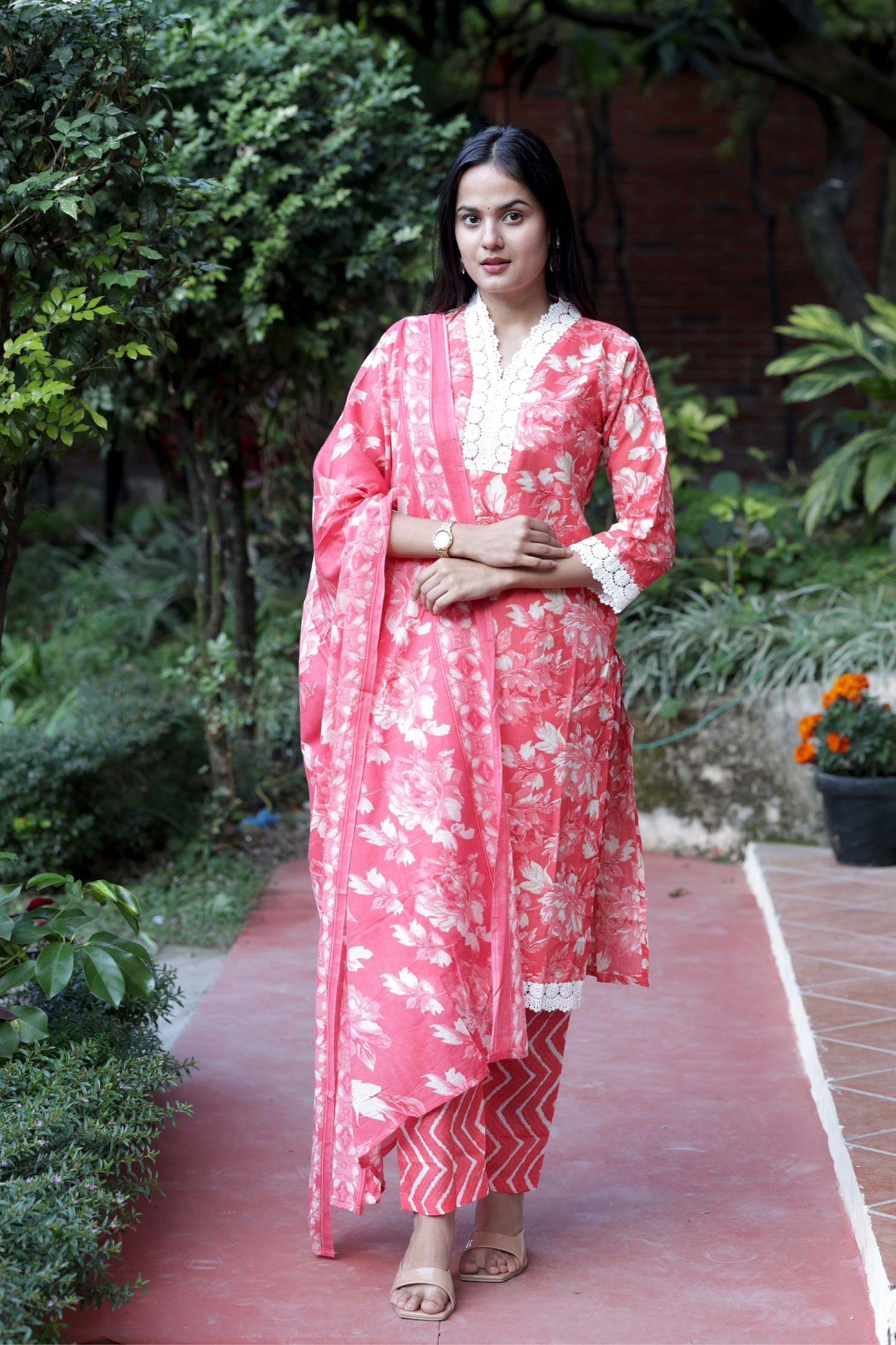Gauri- Pink Yellow Floral Cotton Suit Set with Dupatta Cotton